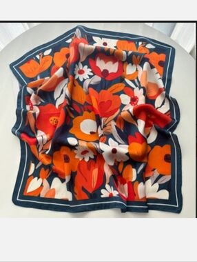 Bold Floral Square Scarf in Navy, Orange & White